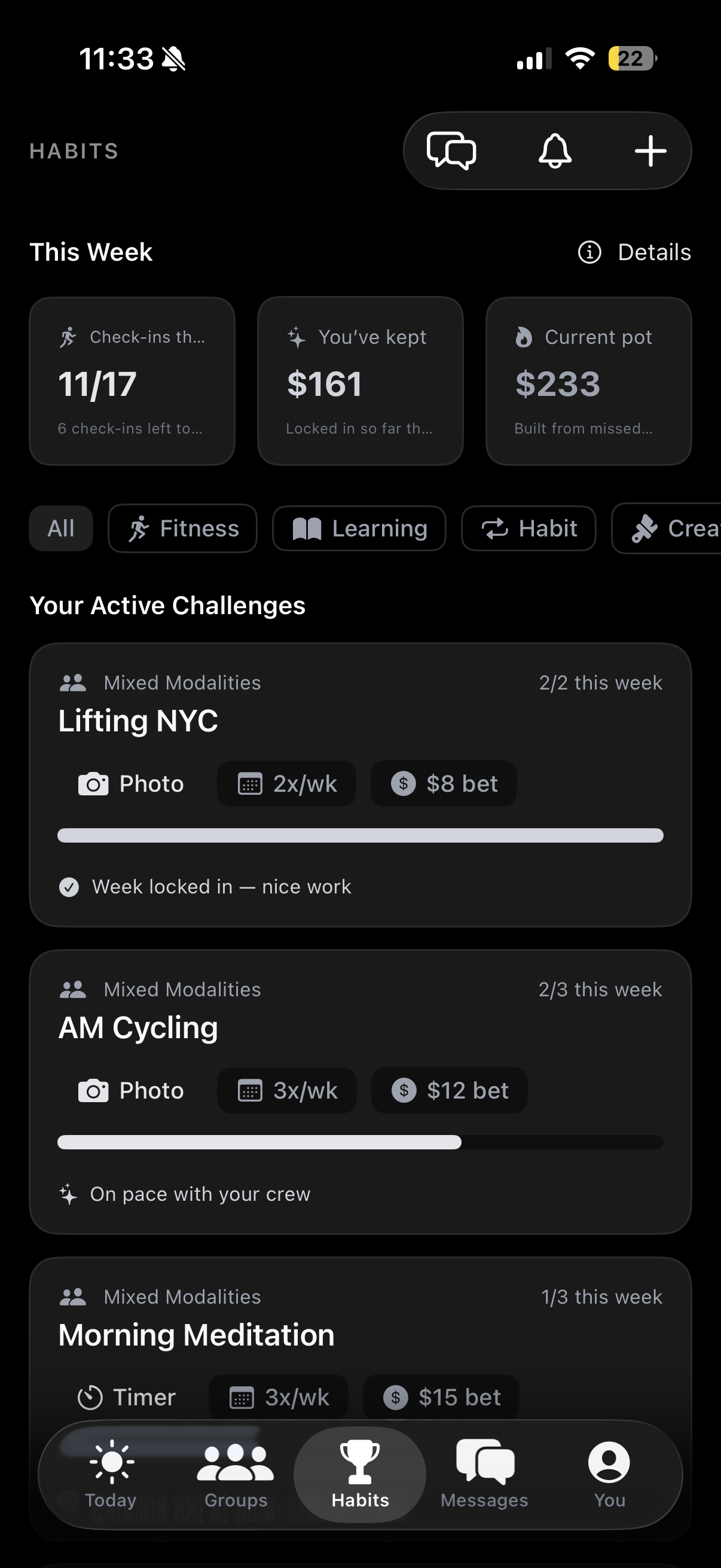 Commit.Bet app showing active challenges with stakes