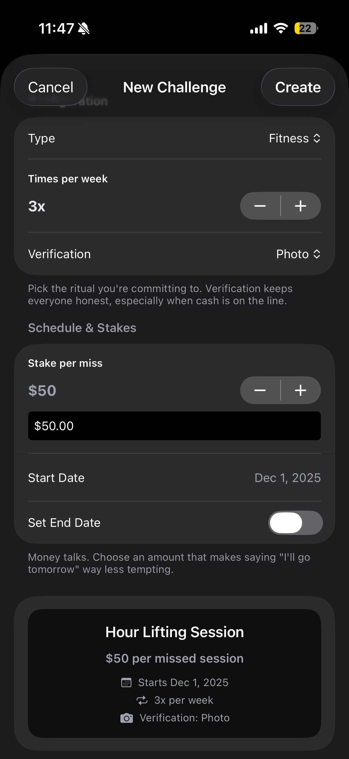 Create challenge screen showing stake and frequency options