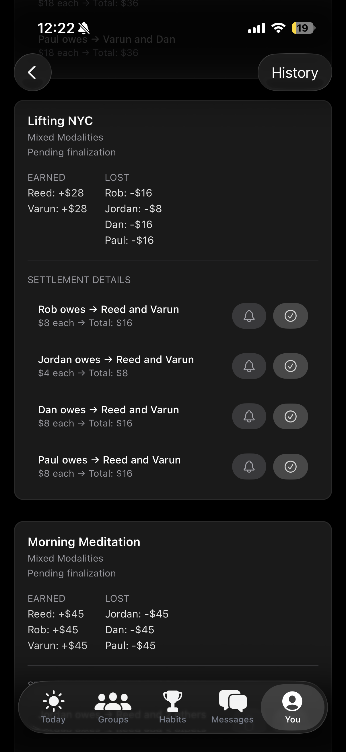 Settlement screen showing who owes who