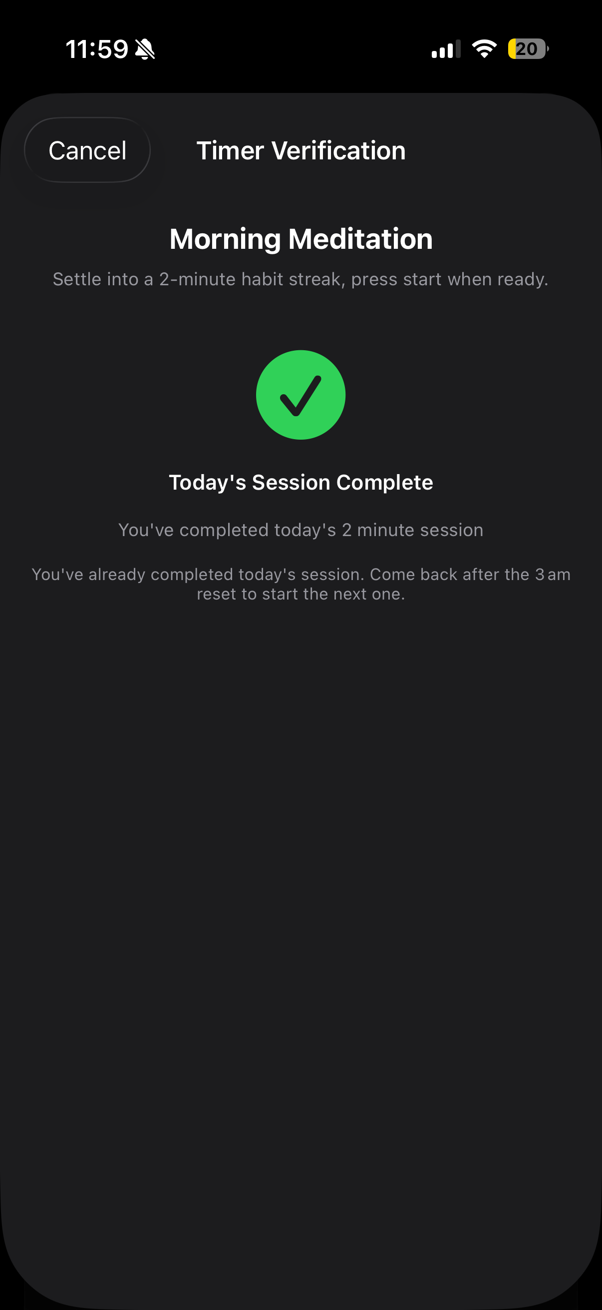 Timer verification showing completed meditation session